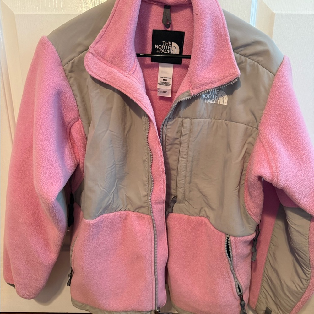 The North Face Pink and Gray Puffer Coat with Color-Block Design